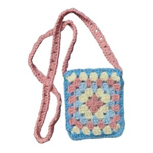 Crochet Crossbody Bag Blue Pink White Upcycled Liner One Size NEW